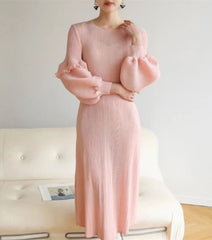 Luxury Puff Sleeve Pleats Dress
