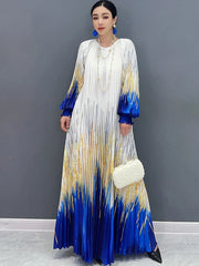 Women's Chic Blue & Gold Midi Dress - Puff Sleeves