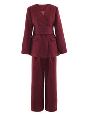 Luxe Burgundy Wool Blend Wide Leg Pant Suit