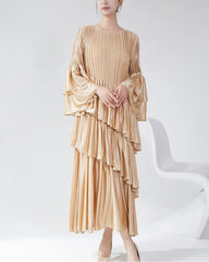 Elegant Bell-Sleeve Plissé Dress