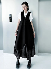 Contemporary Black Midi Dress with Zip-Up Ruffle