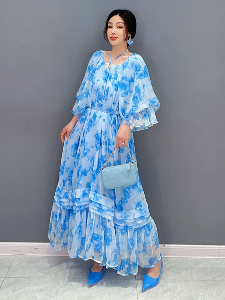 Retro Elegant Blue Chiffon Long Dress