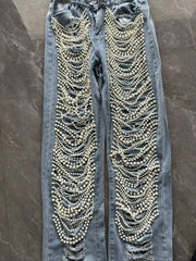 HEYFANCYSTYLE Handcrafted Pearl Embellished Jeans