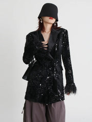 Women's Black Sequin Feather Boyfriend Blazer