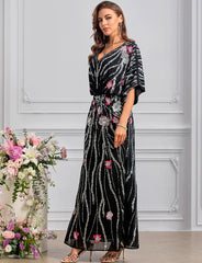 Sequin Floral Batwing Midi Dress Luxe