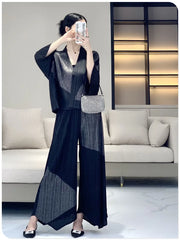 Luxury Pleated Cardigan Top with Wide-Leg Trousers