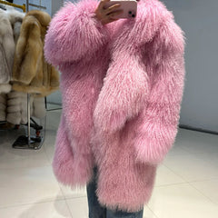 Luxurious Pink Mongolian Curly Shearling Coat