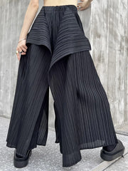 Asymmetric Wide-Leg Pleated Elastic Waist Trousers