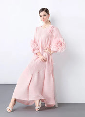 Floral Bell Sleeve Pleated Dress