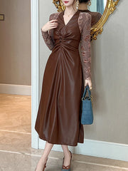 Couture Faux Leather Midi Dress - Long Sleeve