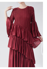 Couture Plissé Pleated Ruffle Sleeve Midi Dress