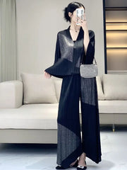 Luxury Pleated Cardigan Top with Wide-Leg Trousers