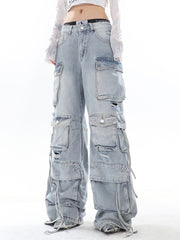 Classic Vintage Washed Denim Cargo Pants with Multi-Pockets