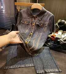 Denim Pleated Blouse & Wide Leg Pants