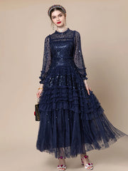 Couture Modest Midi Dress - Sequins & Ruffles