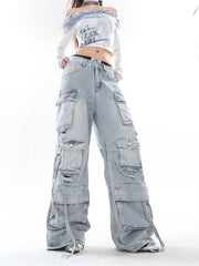 Classic Vintage Washed Denim Cargo Pants with Multi-Pockets