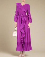 Ruffle Pleated V-Neck Dress