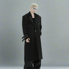 Men's Extra Long Black Trench Coat with Pearls