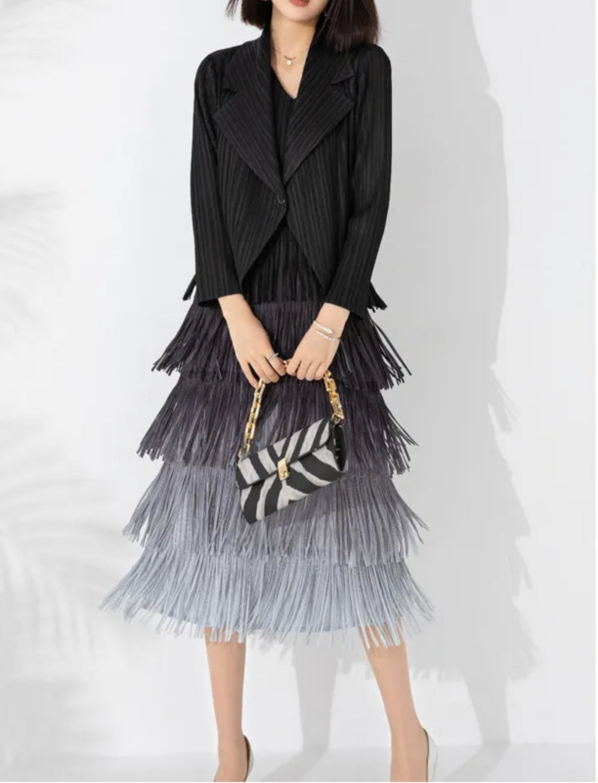 Pleated Fringe Dress & Blazer Set