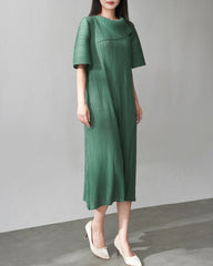 Balloon-Sleeve Pleated Dress