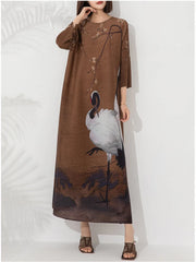 Women's Elegant Coffee Crane Pleated Midi Dress