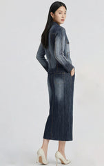 Denim Printed Pleated Skirt Set