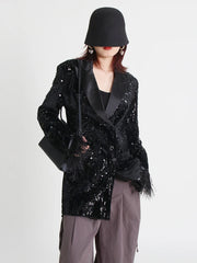 Women's Black Sequin Feather Boyfriend Blazer