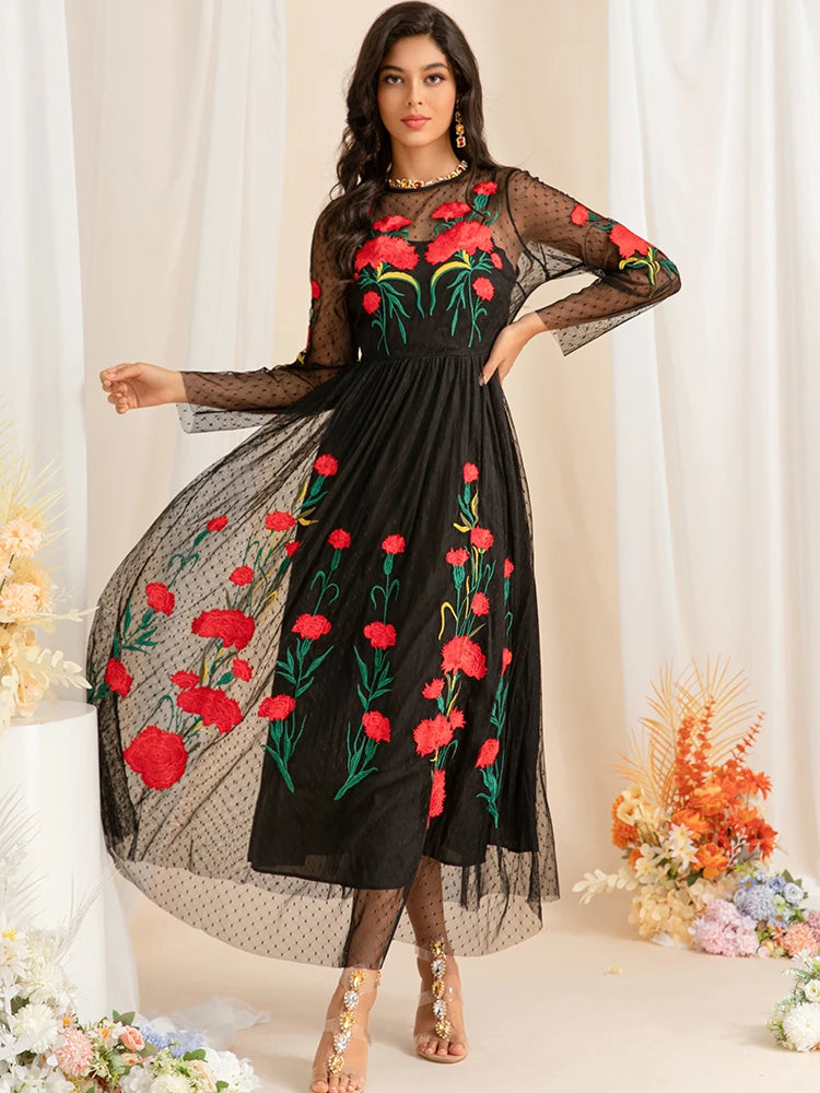 Floral Embroidered Mesh Midi Dress Luxe