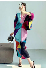 Pleated Geometric Batwing Dress