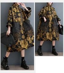 HEYFANCYSTYLE Gold Floral Slimming Midi Dress