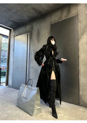 Women's Elegant Black Oversized Faux Leather Coat