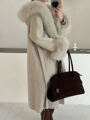Luxury Wool-Blend Faux Fur Hooded Coat