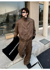 Men's 2 Piece Set Brown Streetwear Jacket & Pants