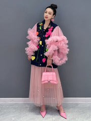 Floral Luxe Pink Oversized Chiffon Sleeve Denim Coat