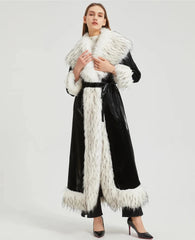 Women's Faux Fur Trim Patent Leather Trench Coat