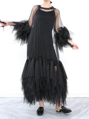 Couture Black Ruffled Sheer Tulle Maxi Dress