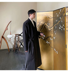 Men's Black Kimono Wrap Wool Long Coat