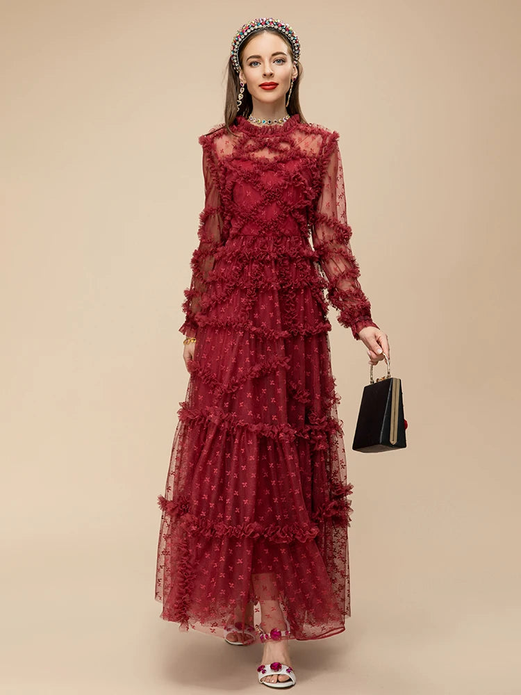 Red Raffle Dress Wine Red Ruffle Mesh Midi Dress – HEYFANCYSTYLE