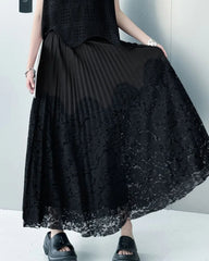 Two-Tone Pleated Lace Skirt