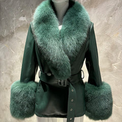 Women's Premium Fox Fur Collar Leather Winter Jacket Coat