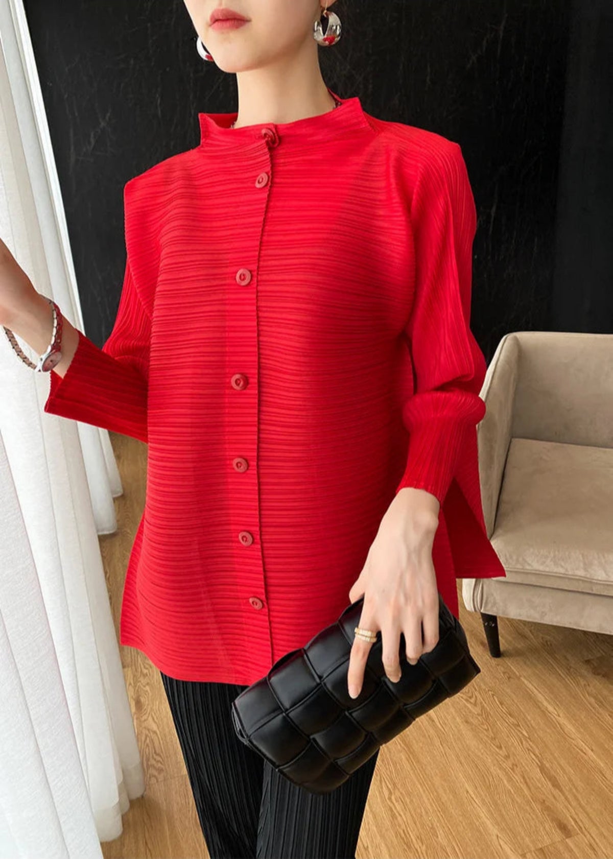 Luxury Red Pleated Asymmetrical Plissé Cardigan