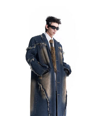 Men's Rugged Denim Streetwear Long Coat