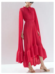 Women's Pleated Midi Dress with Elegant Cape