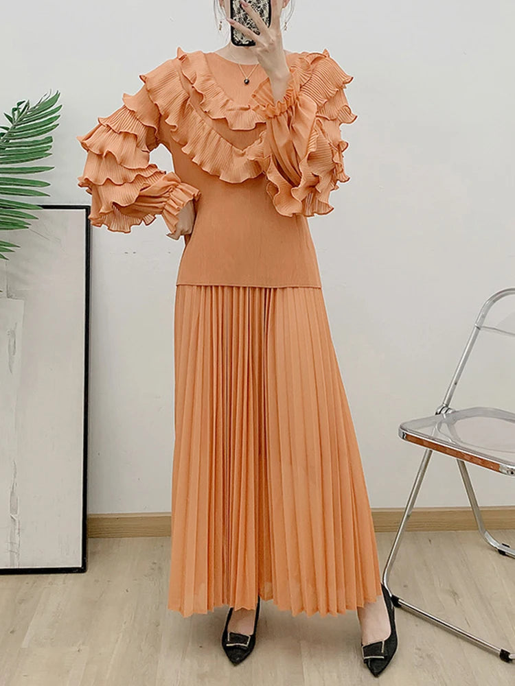 Luxury Truly Pleated Ruffle Long Skirt Set