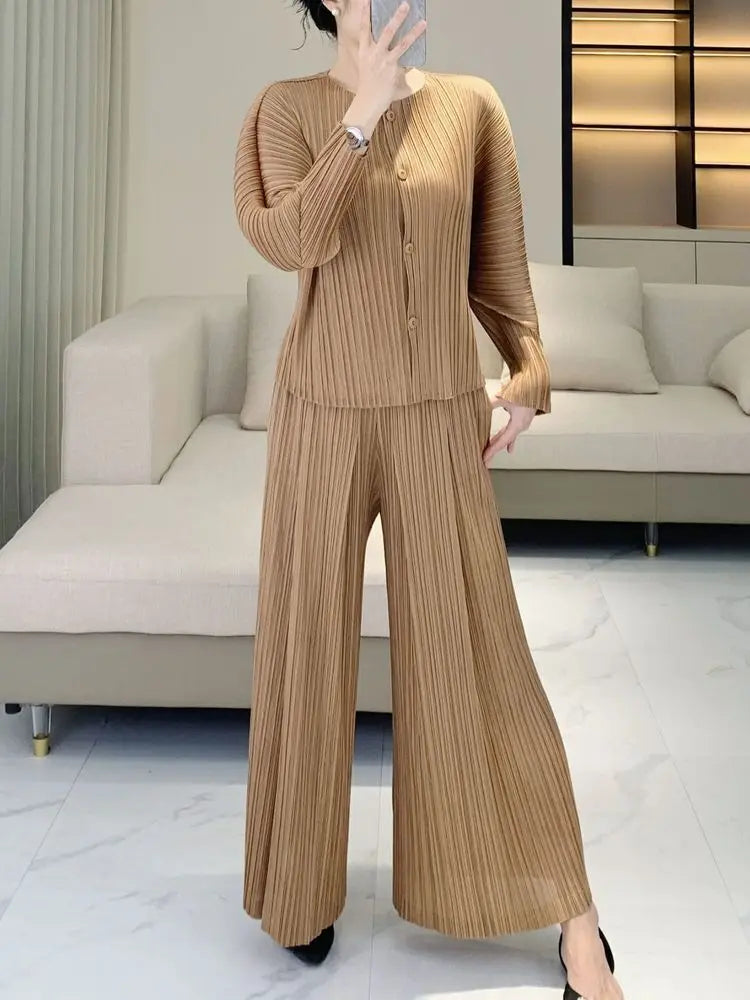 Luxury Pleated Pants & Button-Down Top Set