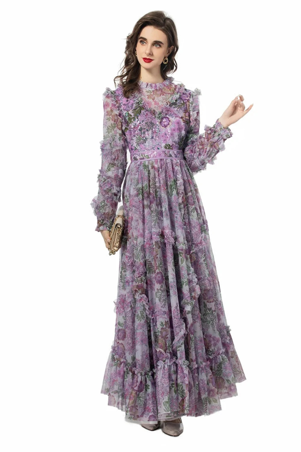 Luxe Purple Floral Sequin Maxi Dress