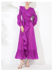 Ruffle Pleated V-Neck Dress