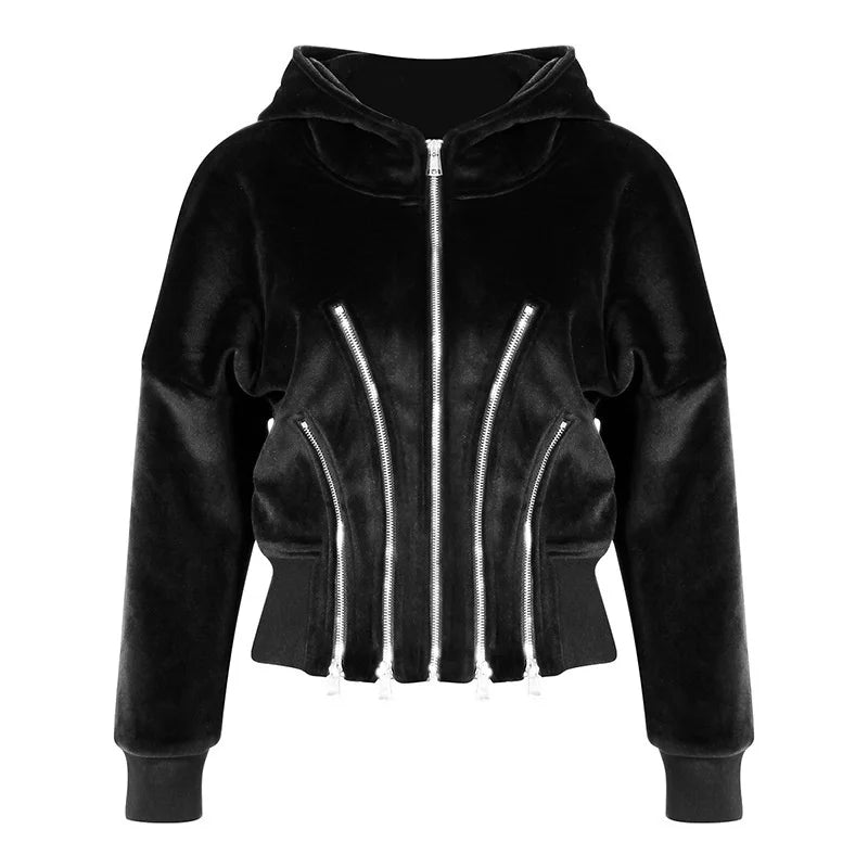 Women's New Zipper Elegance Black Cropped Hoodie