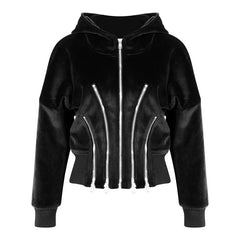 Women's New Zipper Elegance Black Cropped Hoodie