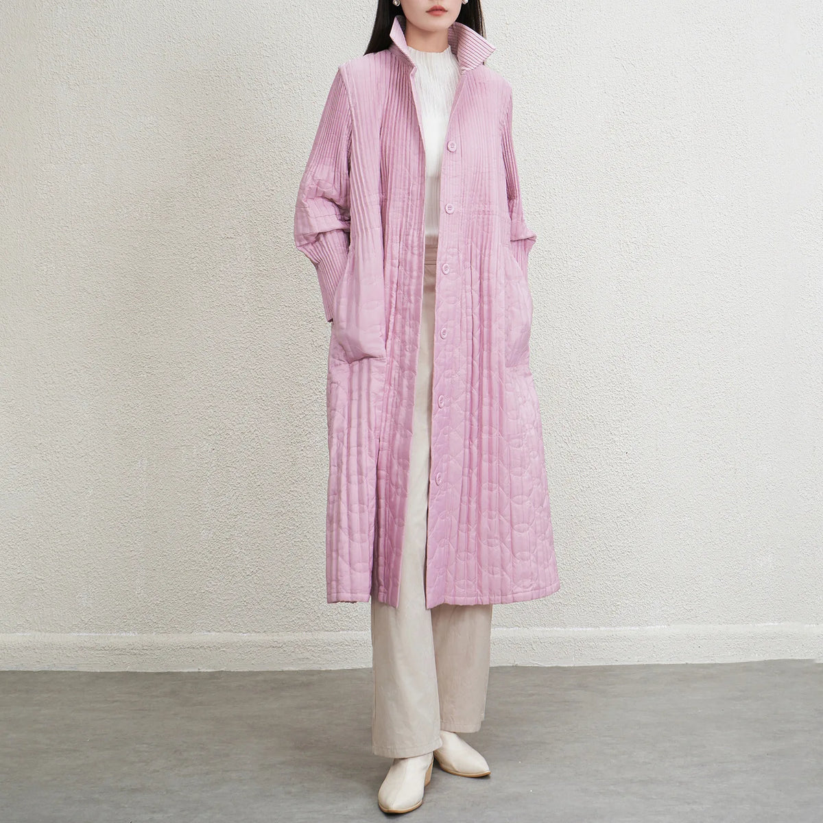 Luxury Pleated Quilted Long Coat